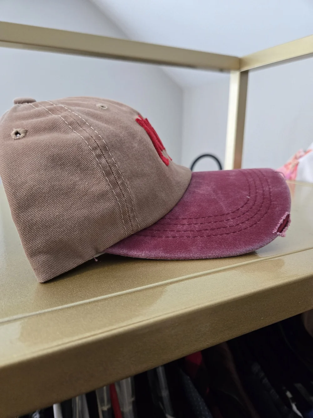 NINA Embroidery Maroon and Tan Womens Distressed Trucker Cap